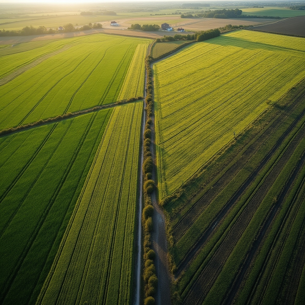 Aerial photograph of Polish agricultural fields showing distinct soil zones and crop variation from above
