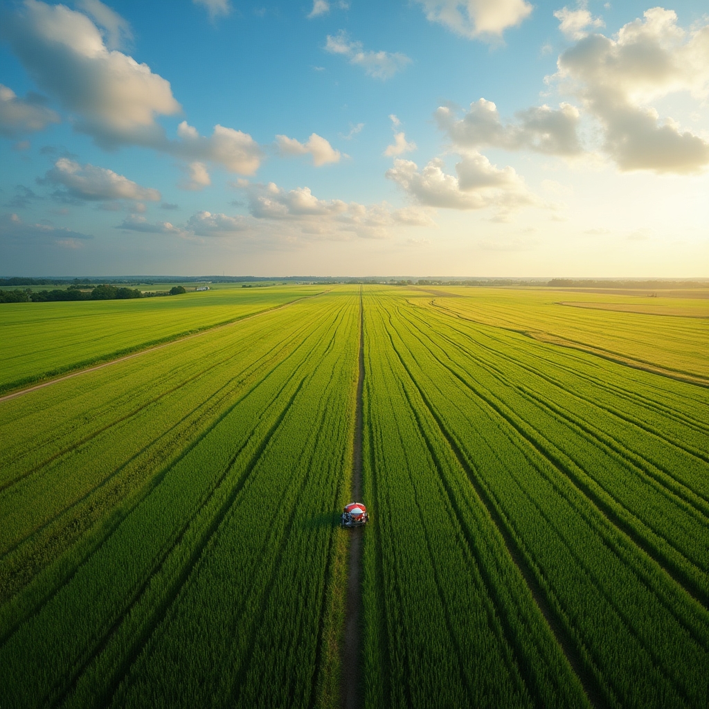 Agricultural drone surveying a green field from above