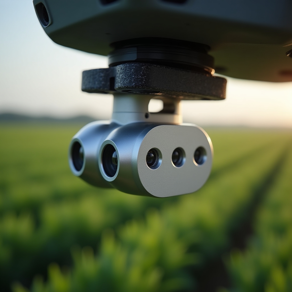 Close-up of a multispectral drone sensor mounted on a DJI-style agricultural drone