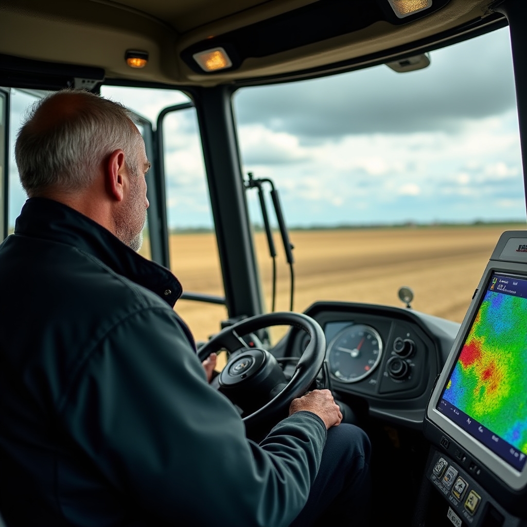 Tractor cab interior showing GPS guidance screen with variable rate application map loaded, field visible through windscreen