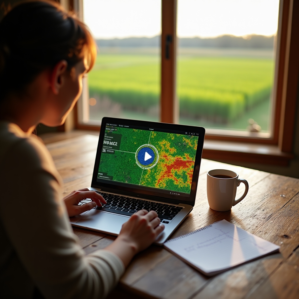 Person watching a precision agriculture online training module on a laptop at a kitchen table, farmland visible through window
