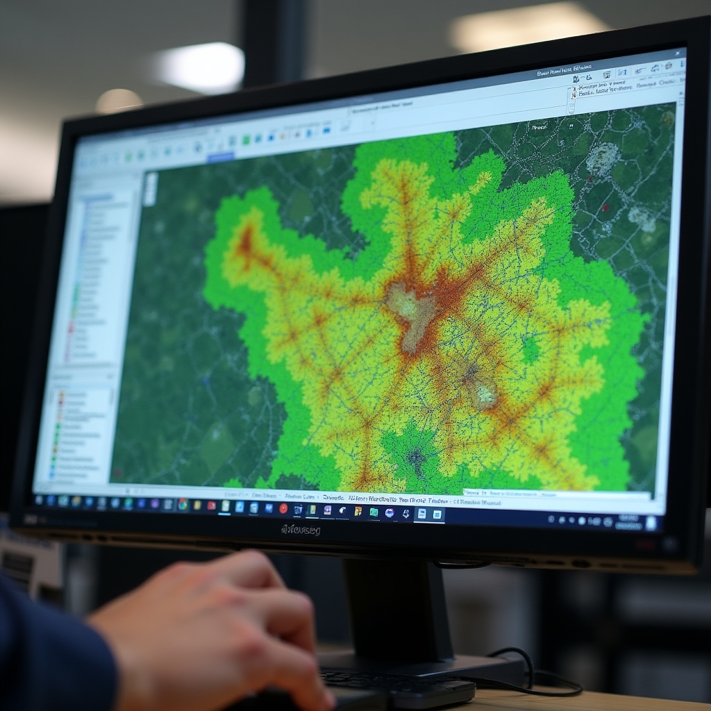 QGIS software screen showing a polygon field boundary map with soil zone layers and satellite base map, on a desktop monitor