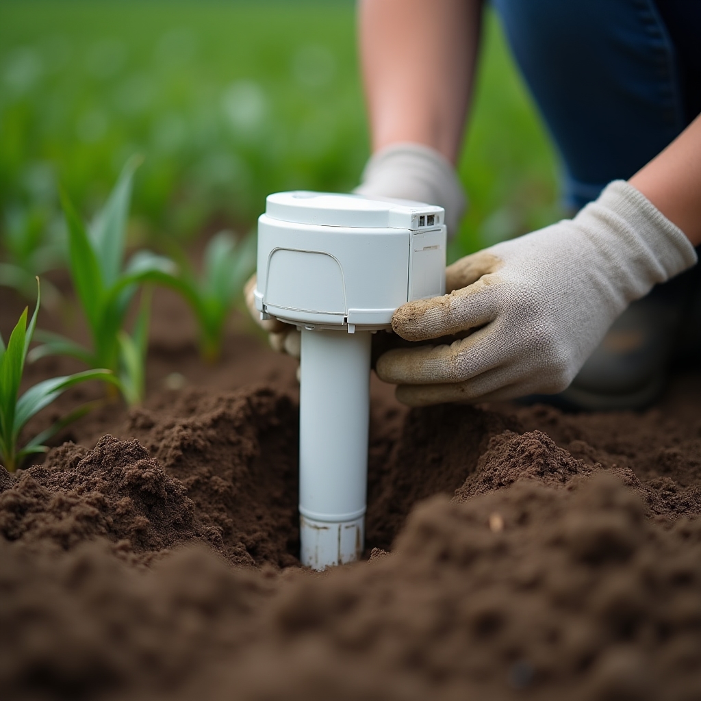 Person installing a soil moisture sensor probe into farmland soil, hands visible close up with rural background