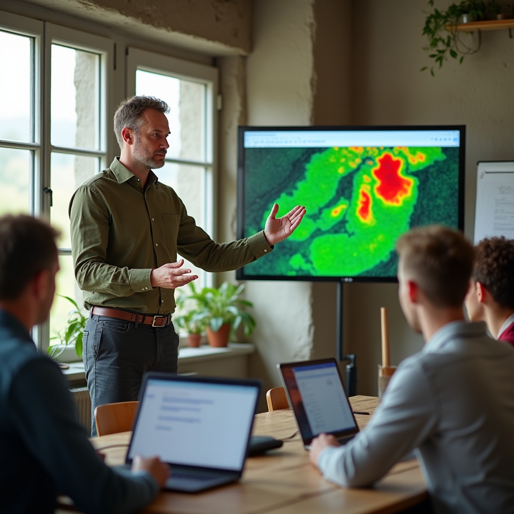 Workshop trainer explaining farm management software on a large screen to a small group
