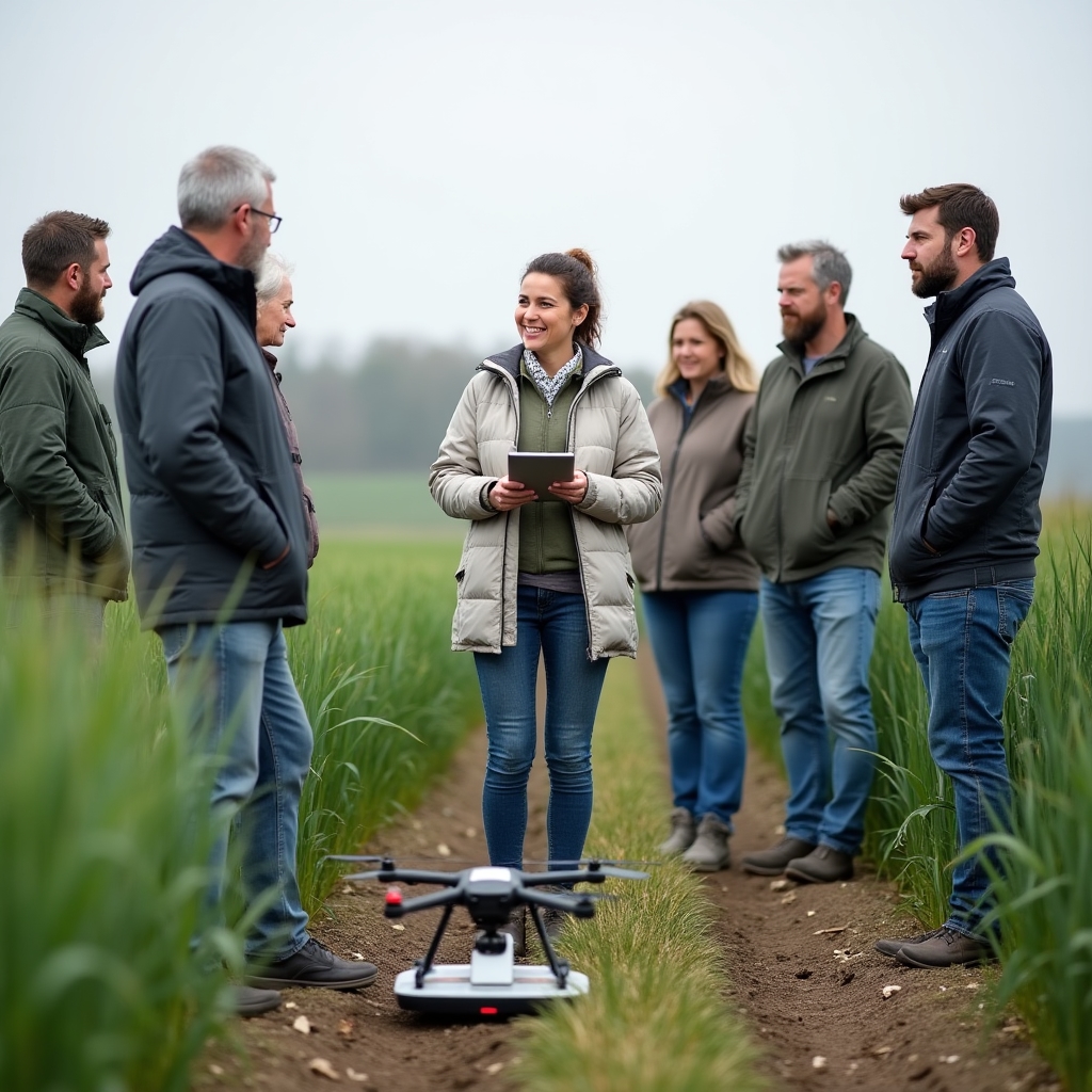 Small group of farmers and an instructor standing in a field during a practical outdoor workshop session